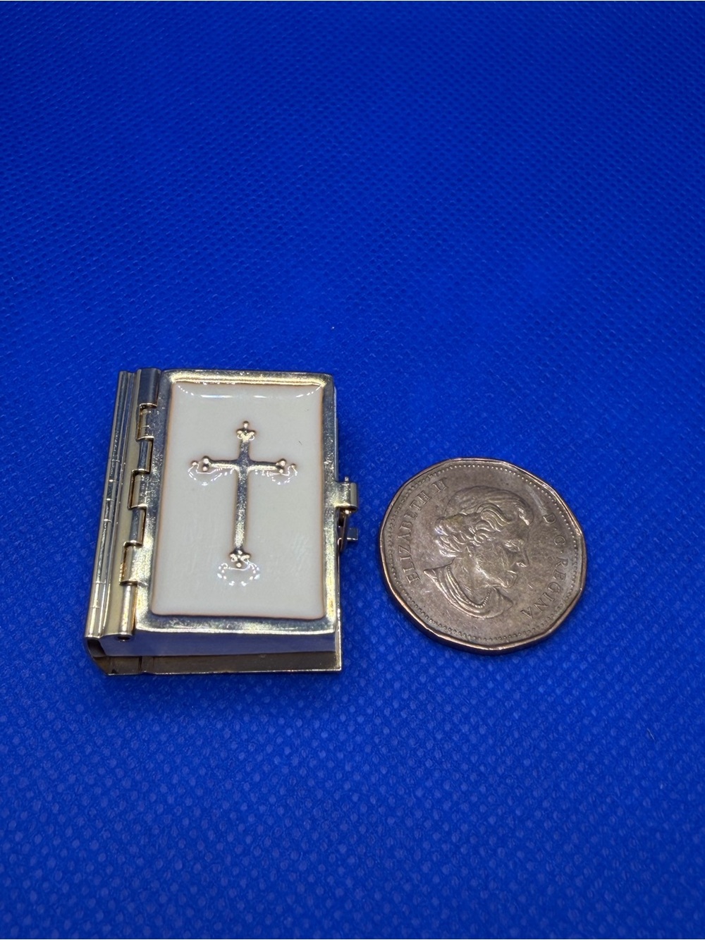 Tiny White Enamel Gold Holy Bible Miniature Actual Print Keychain Travel Vintage